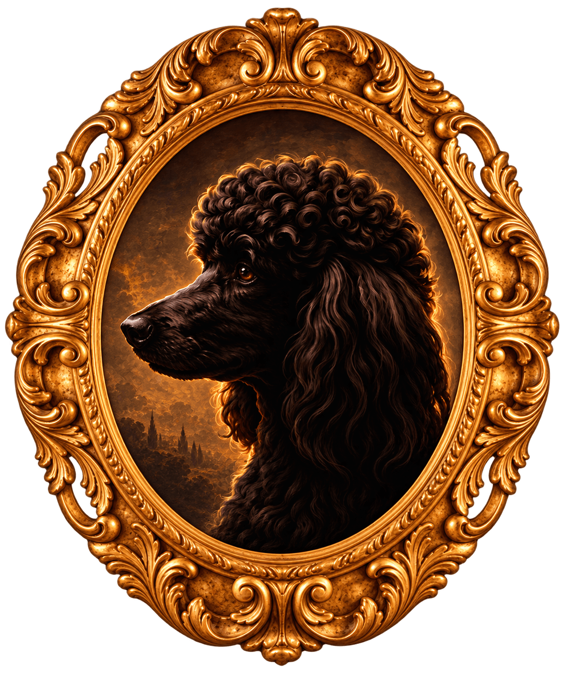 Kizzy, uma poodle preta, retratada em uma moldura barroca dourada